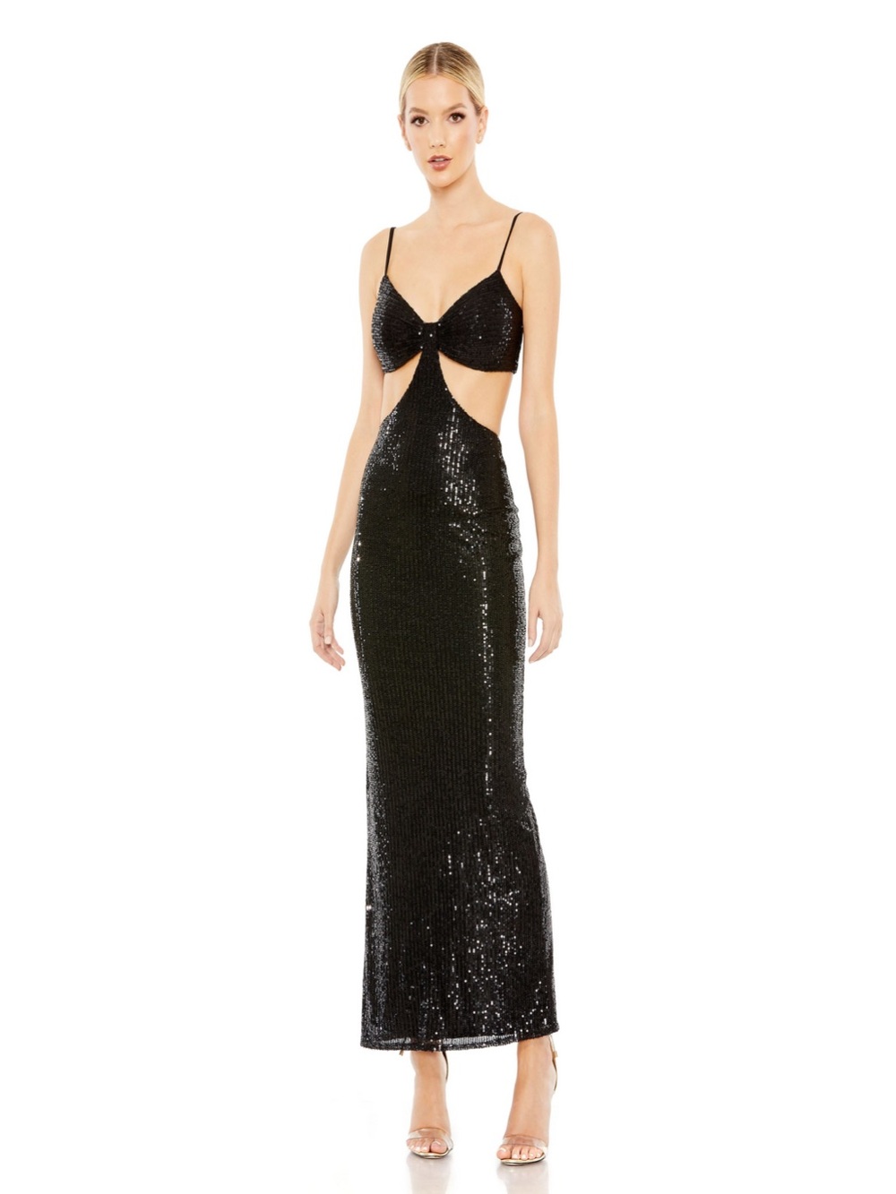 Black Sequin Cutout Maxi Dress with Bow Detail